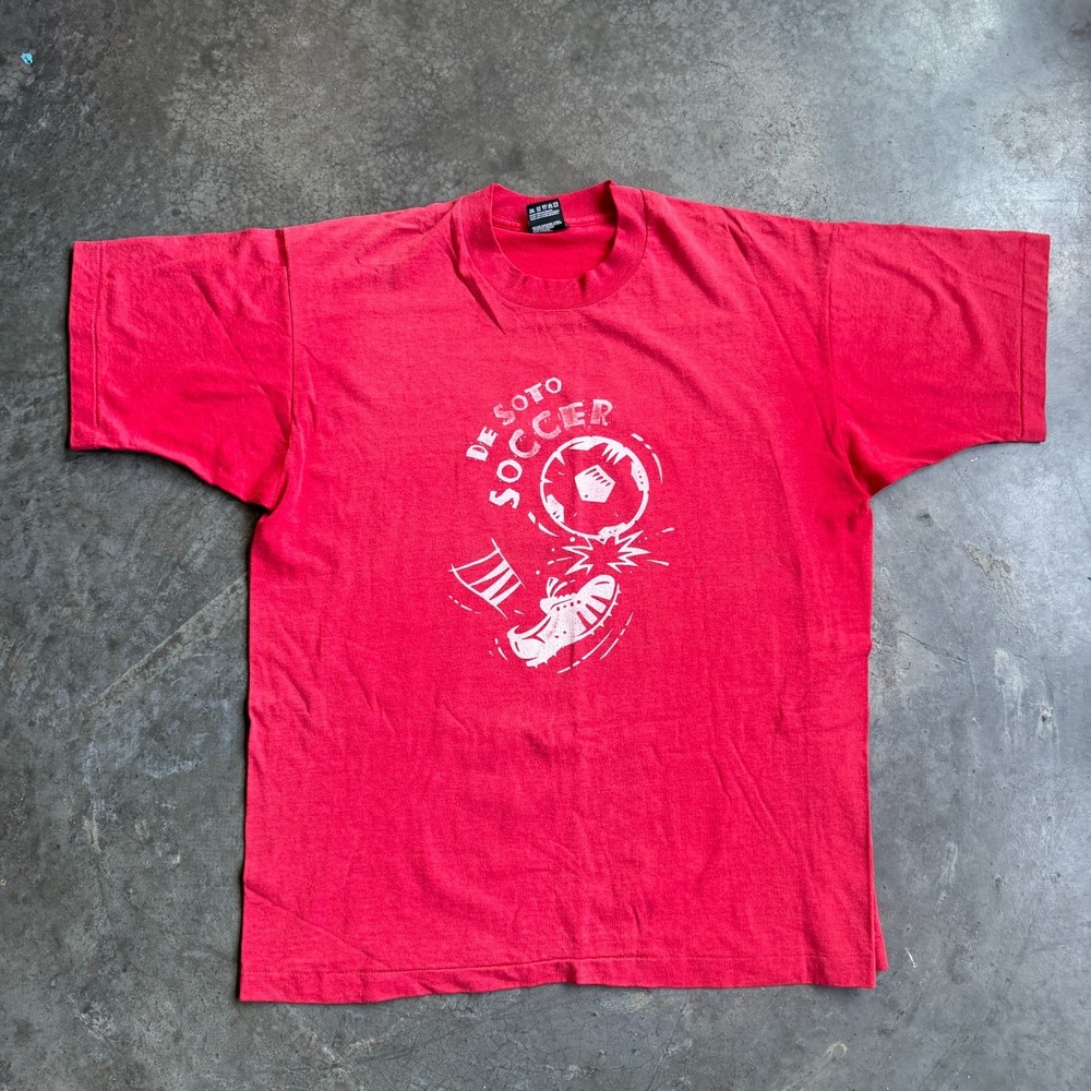 Vintage 90s Sun Faded Red Soccer Graphic Double Sided Shirt Mens XL 22.5x28